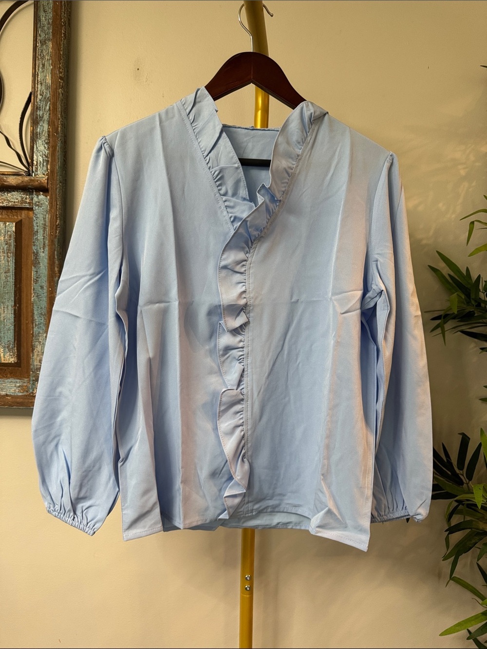 Sky Blue Ruffle-Front Blouse NEW S